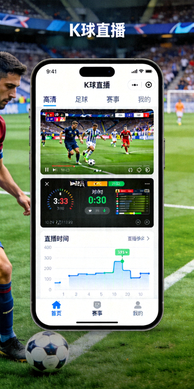 K球直播官方应用在手机上的展示截图 - 显示高清足球直播界面