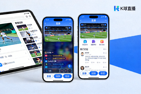 K球直播官方移动应用在手机和平板上的界面截图，展示直播、回放和社区功能
