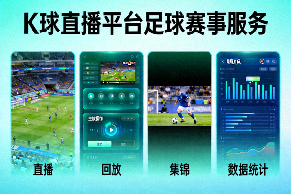 K球直播平台提供的全面足球赛事服务示意图，包括直播、回放、集锦和数据统计