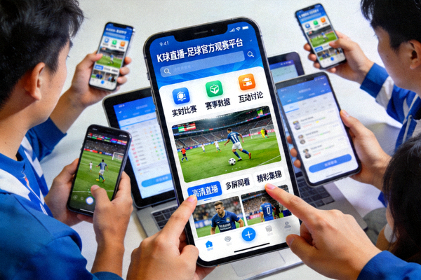 K球直播足球官方观赛平台界面展示，球迷正在使用手机和平板观看比赛