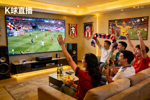 球迷在家庭影院环境中通过大屏幕沉浸式观看K球直播足球赛事